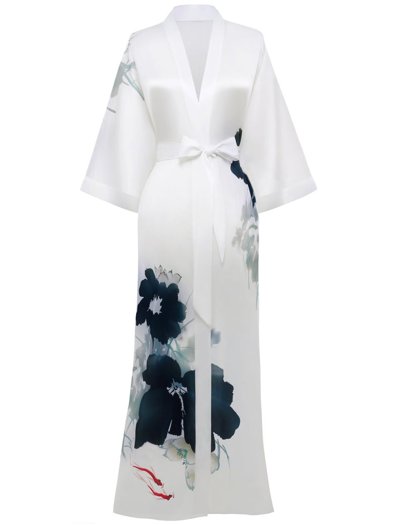 PRODESIGN Long Gradual Watercolor Satin Sleepwear Kimono Nightgown Bathrobe - Image 1